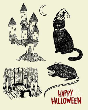 Cadılar Bayramı, perili ev, kedi, kitap ve sıçan ayrıntı el çekilmiş 