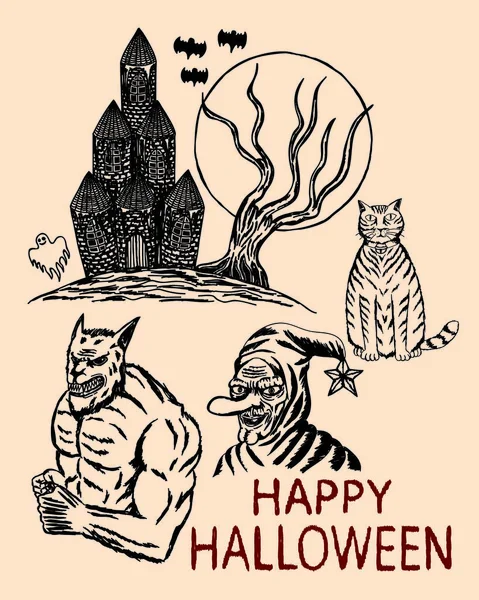 Detail Hand Drawn Halloween Haunted House Cat Old Witch Werewolf — Stock Vector