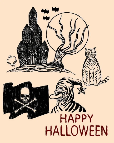 Detalle Dibujado Mano Halloween Casa Embrujada Gato Vieja Bruja Bandera — Archivo Imágenes Vectoriales