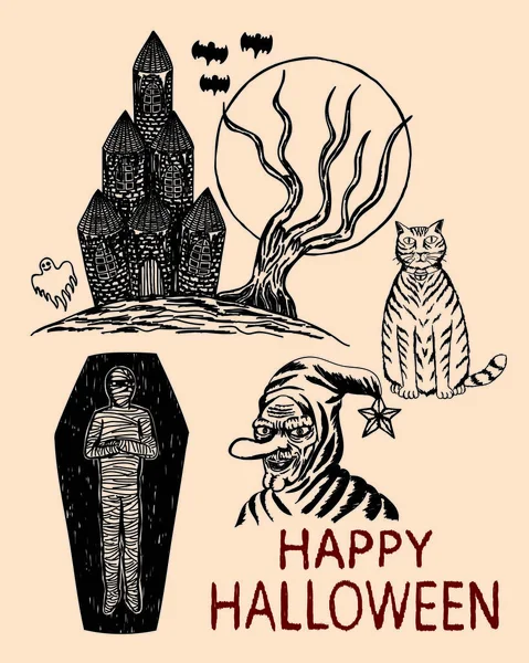 Wszystko Ręcznie Rysowane Halloween Haunted House Kot Stara Wiedźma Mumia — Wektor stockowy