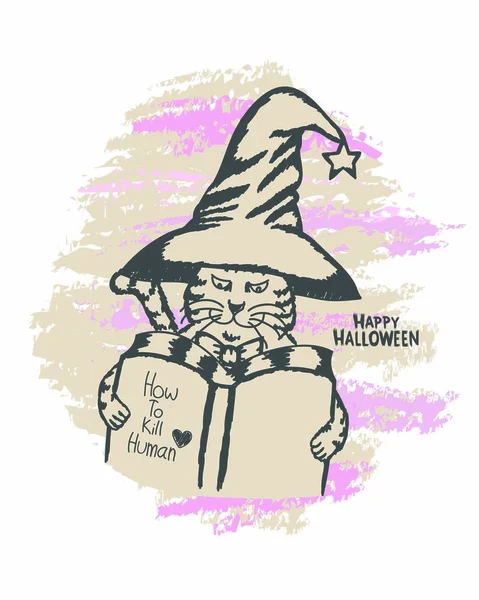 Fröhliche Halloween Lustige Katze Buch Lesen — Stockvektor