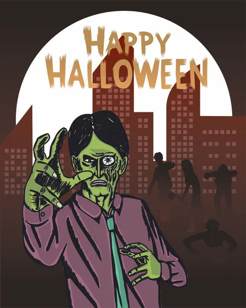 Joyeux Halloween Zombie Attaque Main Dessinée Art Vectoriel — Image vectorielle
