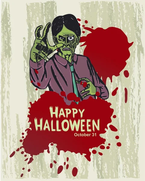 Feliz Ataque Halloween Zombie Con Mano Sangre Dibujado — Archivo Imágenes Vectoriales