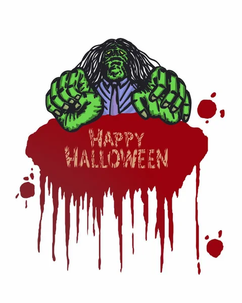 Feliz Ataque Halloween Zombie Con Mano Sangre Dibujado — Archivo Imágenes Vectoriales