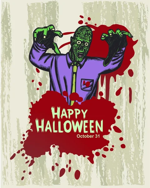 Feliz Ataque Halloween Zombie Con Mano Sangre Dibujado — Archivo Imágenes Vectoriales