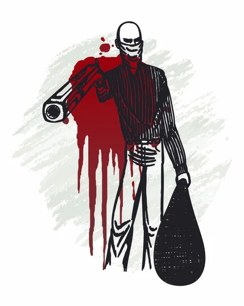 Robbery Man Holding Gun Blood Hand Drawn — Stock Vector