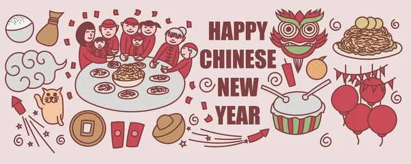 Glückliches Chinesisches Neujahrstreffen Doodles — Stockvektor