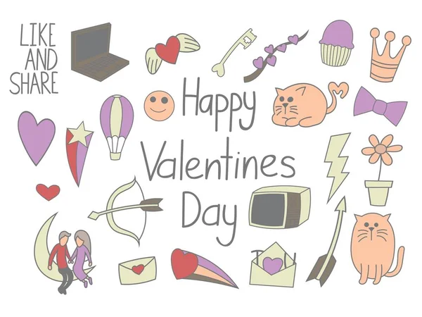 Happy Valentines Day Doodles Set Cartoon Art — Stock Vector
