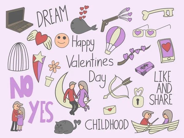 Feliz Día San Valentín Garabatos Conjunto Dibujos Animados Arte — Archivo Imágenes Vectoriales