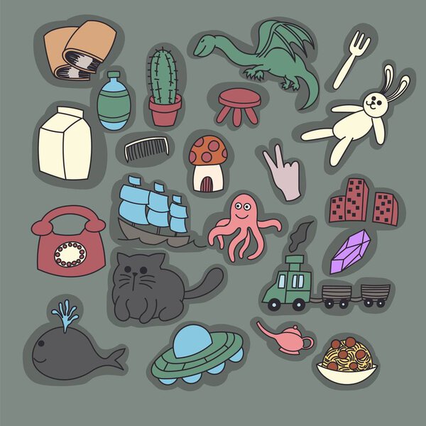 набор различных стикеров, печать, мультфильм
