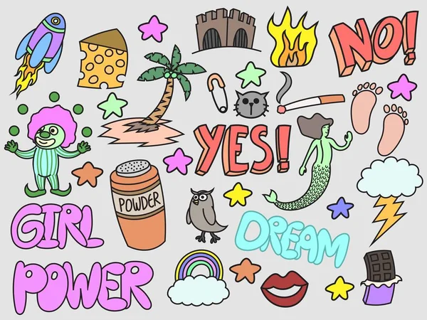 Dizi çeşitli karalamalar, kız gücü, karalamalar, elle çizilmiş