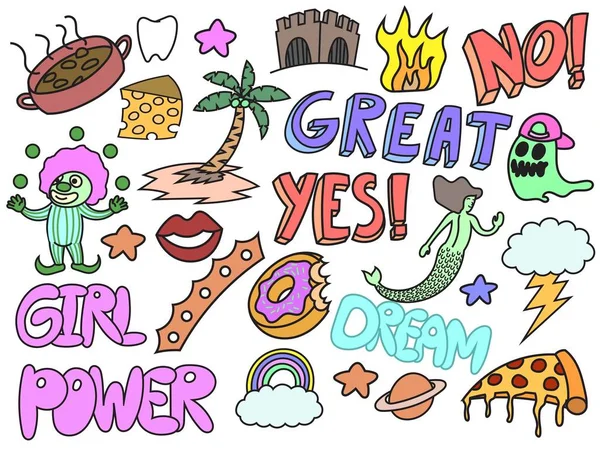 Dizi çeşitli karalamalar, kız gücü, karalamalar, elle çizilmiş