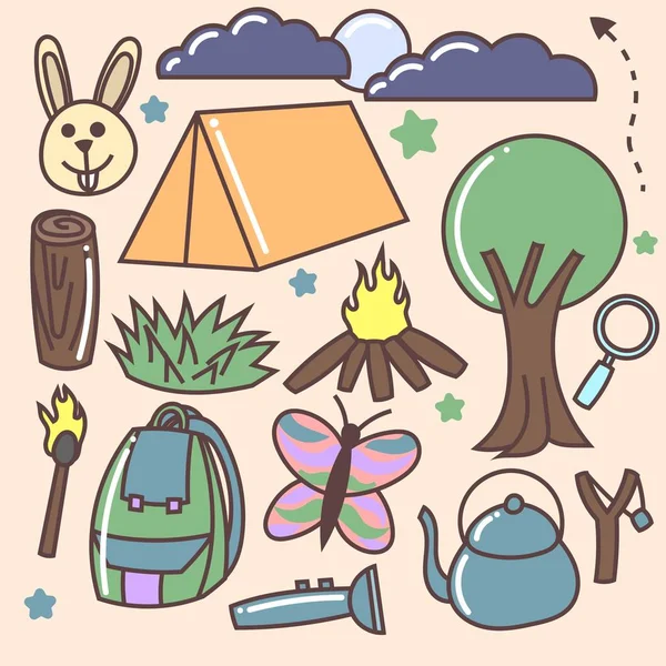 Set of camping doodles, drawing, cartoon, illustration — Stock Vector