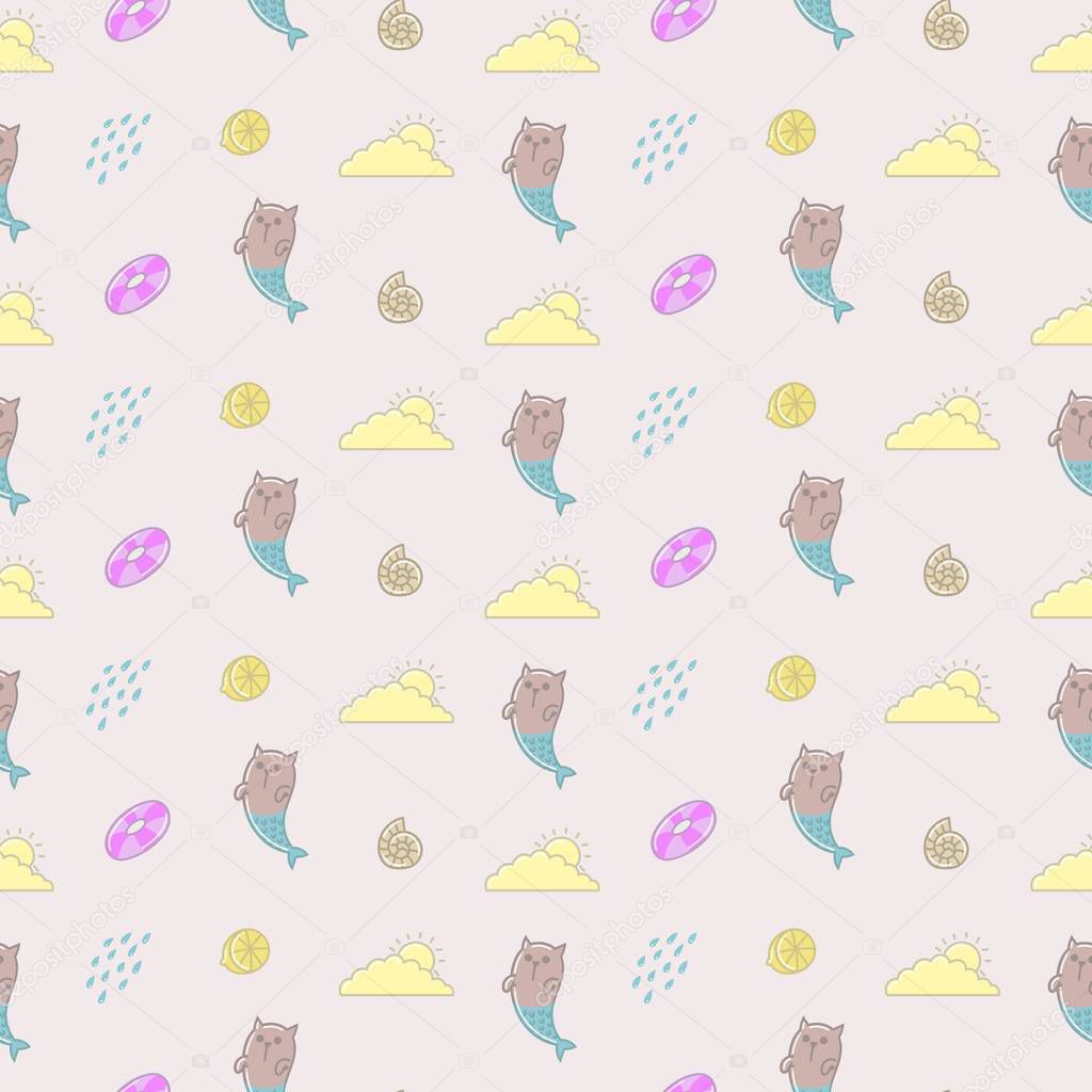 Cute cat, mermaid, summer, seamless pattern