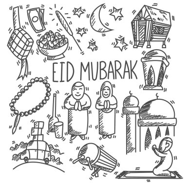 Bayram mübarek veya ramazan doodle, kroki, çizimler, sevimli