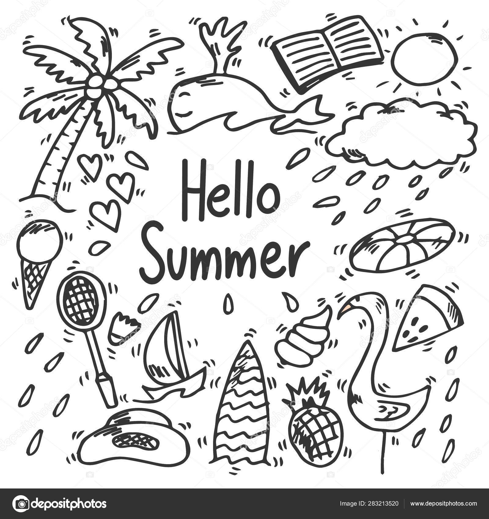 Set Summer Sketch Doodles Drawings Stock Vector by