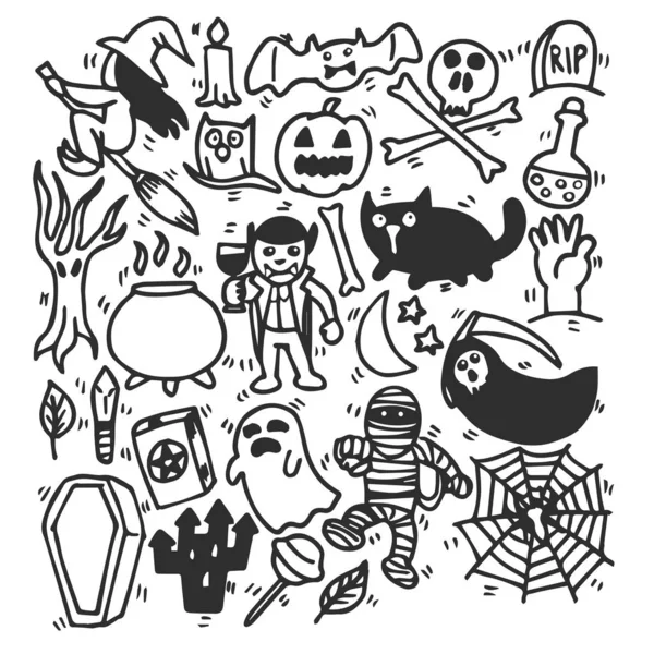Conjunto doodle desenho mão desenhada halloween preto e branco