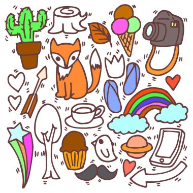 Çeşitli doodle, sevimli, karikatür seti