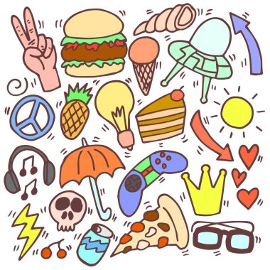 Çeşitli doodle, sevimli, karikatür seti