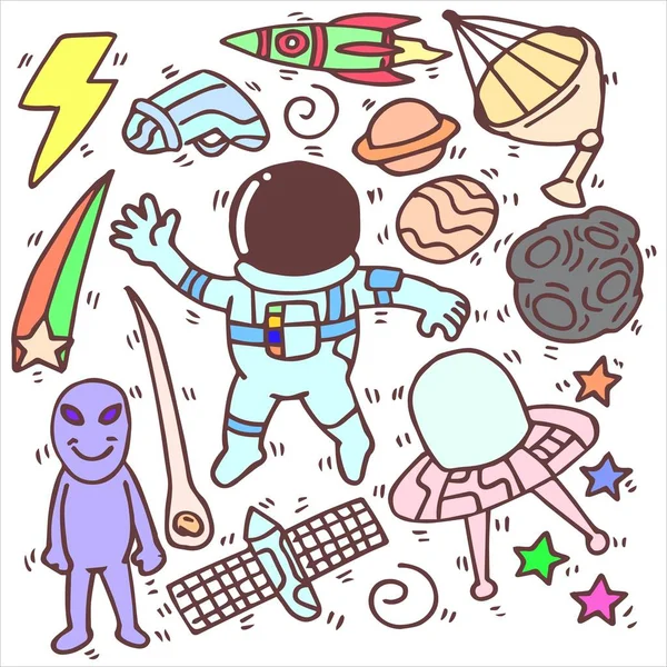 Set Van Leuke Astronaut Doodle Simple Cartoon — Stockvector