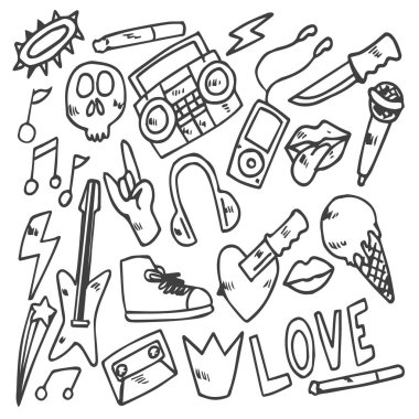 rock yıldızı doodle seti, çizim, kroki