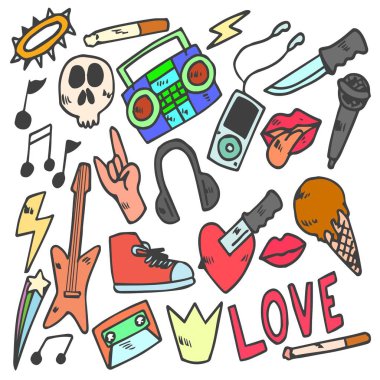 rock yıldızı doodle seti, çizim, kroki