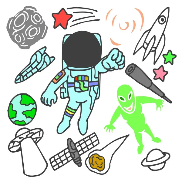 Conjunto Lindo Astronauta Garabato Arte Dibujos Animados — Vector de stock