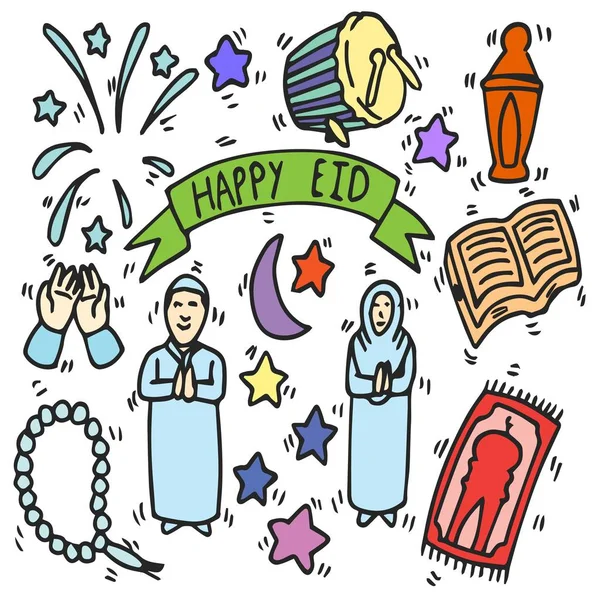 mutlu bayram mübarek doodle, set, karikatür