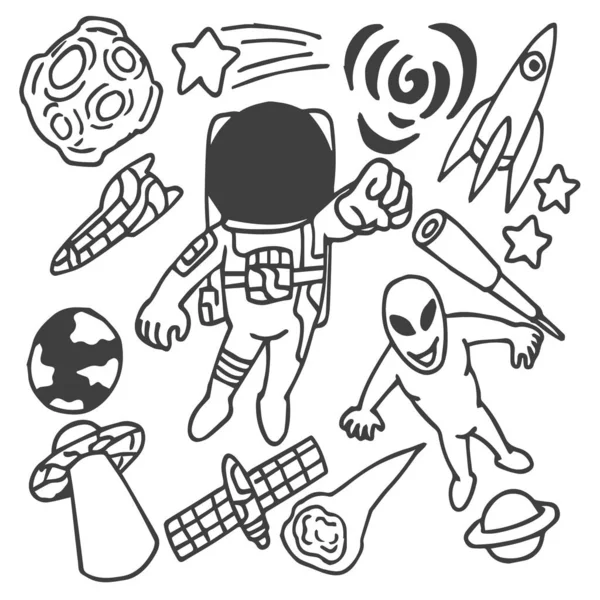 Set Aus Niedlichen Astronauten Doodle Kunst Cartoon — Stockvektor