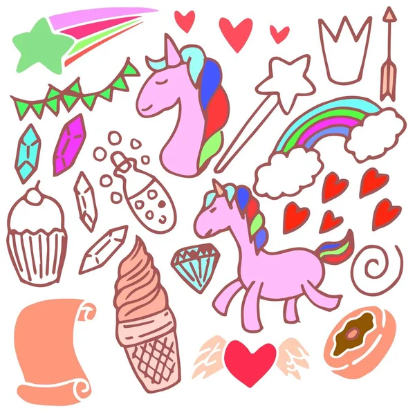 Set Doodle Unicorn Gambar Sketsa Kartun - Stok Vektor