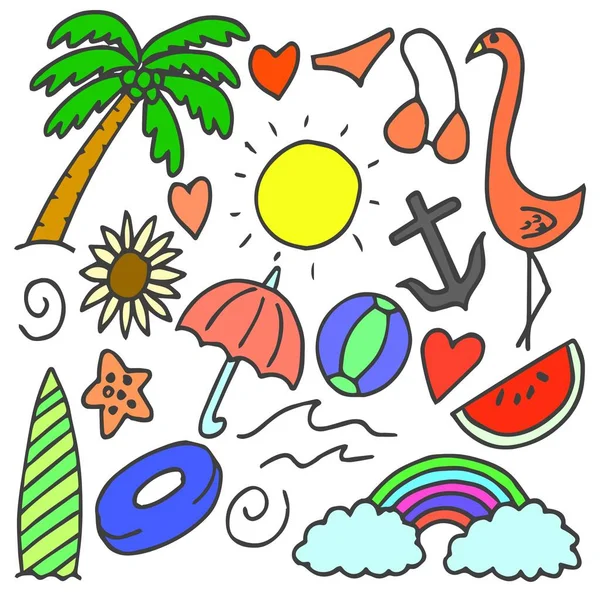 Summer Beach Hand Drawn Doodle Art — Stock Vector