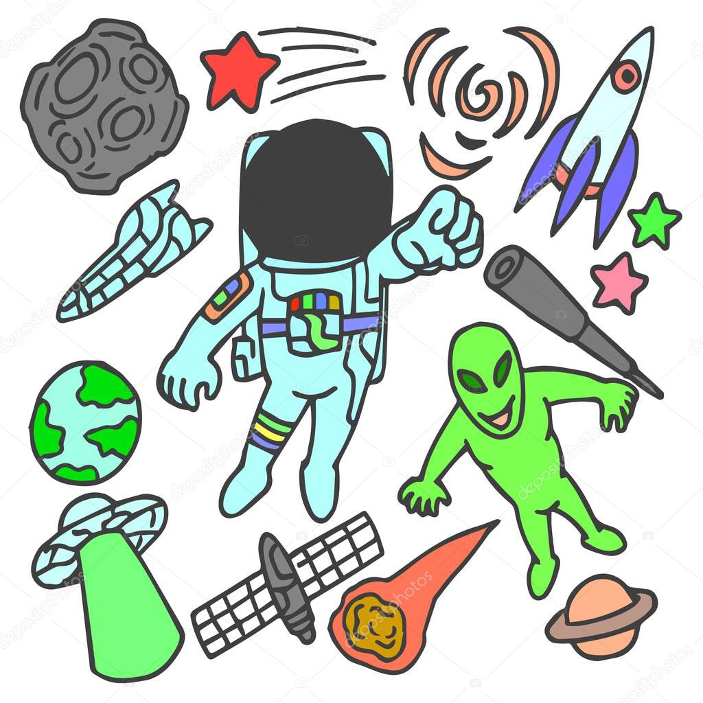 Set of cute astronaut, doodle, art, cartoon