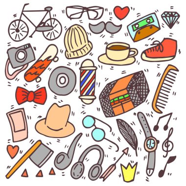 Hipster seti. doodle, el çizilmiş, çizim