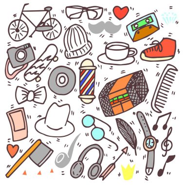 Hipster seti. doodle, el çizilmiş, çizim