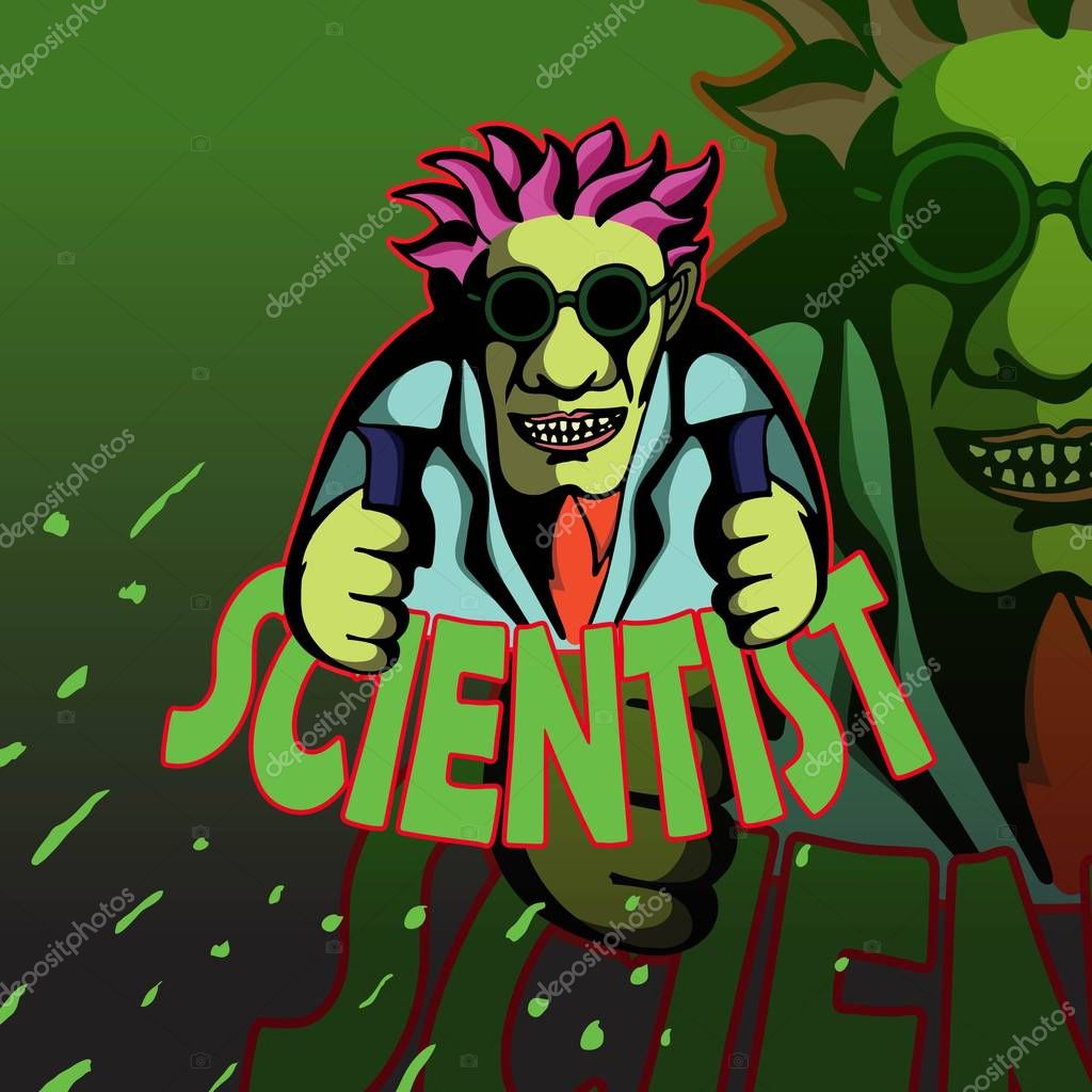 The mad scientist with text, logo, badges, illustration