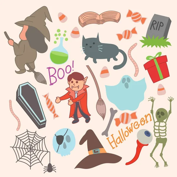 Zestaw Uroczych Ikon Halloween Illust Pająk Pajęczyna Czaszka Szkielet Kapelusz — Wektor stockowy