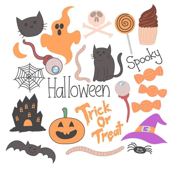 Illustrazioni Disegnate Mano Doodle Halloween Gatto Fantasma Ragno Ragnatela Testo — Vettoriale Stock