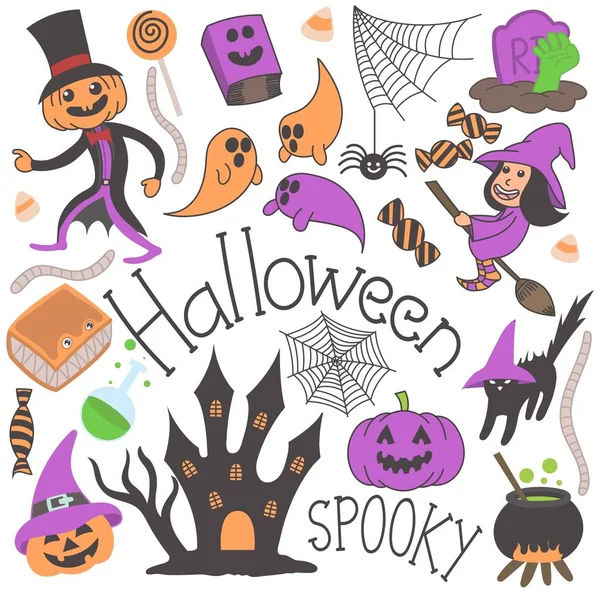 Halloween Doodle Handgezeichnete Illustrationen Kürbis Buch Geist Spinne Netz Süßigkeiten — Stockvektor