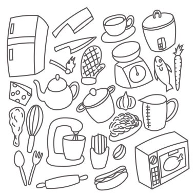 Beyaz arkaplanda karalama mutfak araçları kümesi