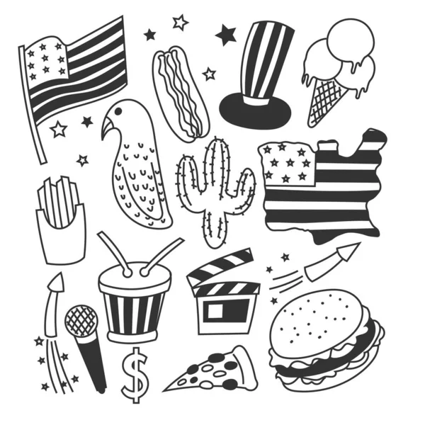 Ensemble Doodle Jour Indépendance Américaine — Image vectorielle
