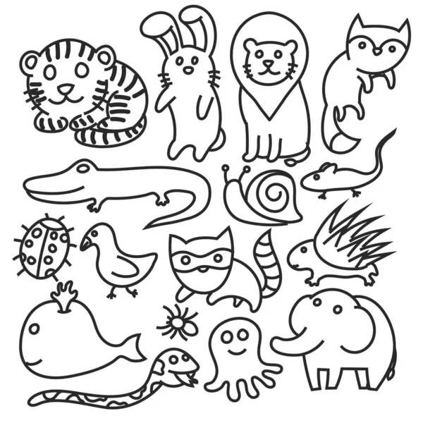 Σύνολο Χαριτωμένα Ζώων Doodle Μαύρο Και Άσπρο — Διανυσματικό Αρχείο