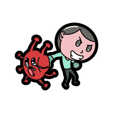 Çocuk Coronavirus 'u dövüyor, koronavirüs ağladı ve pişman oldu, çıkartmalar, karikatürler, karikatür, t-shirt tasarımı, çocuksu, covid 19, ilaç, bakteri, virüs, sağlık hizmetleri için iyi.