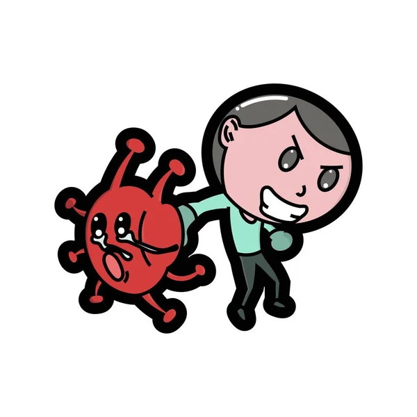 Boy Beating Coronavirus Coronavirus Cried Regretted Good Stickers Doodles Cartoon — Stock Vector