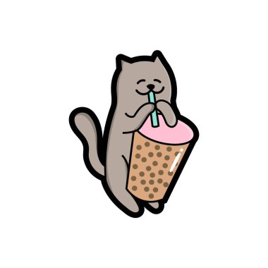 Şirin kedi köpüklü çay, çizgi film, çıkartma, çizim, tişört tasarımı, baskı ve sanat içerek eğleniyor.