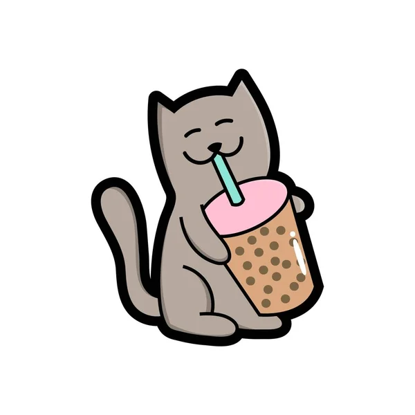 Cute Cat Having Fun Drinking Bubble Tea Cartoon Stickers Drawing — Stock Vector