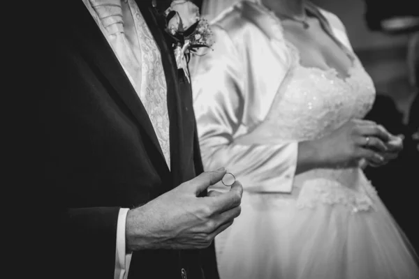 Groom Holding Wedding Ring Put Bride Finger Church Wedding Ceremony — Stock Photo, Image