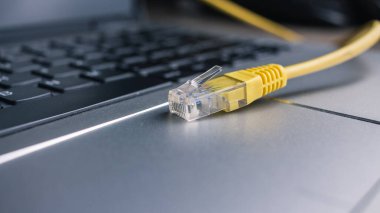 Güzel ışığı olan bir klavye. İş konsepti. Ev konseptinde çalış. Karıcığım. Dizüstü bilgisayar. Ethernet kablosu. 
