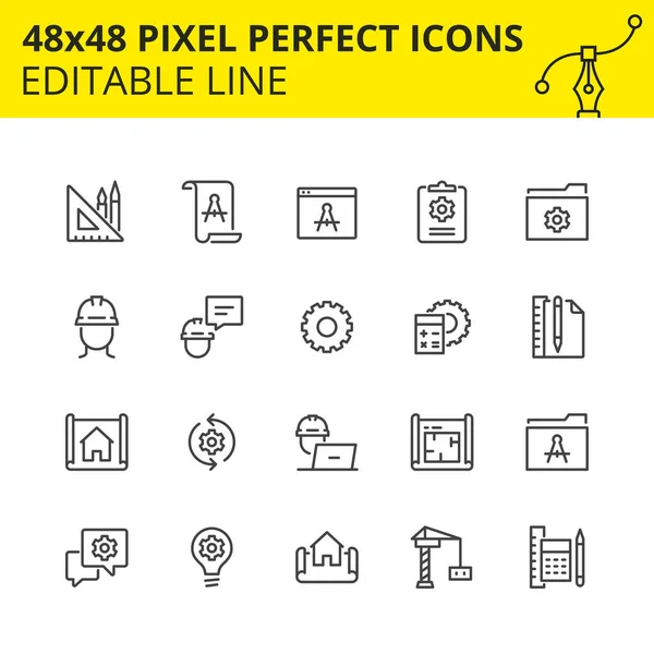 Teknik çizimler ve yapısal taslaklar için ikonlar içeren tasarım ve analiz gibi mühendislik süreçleri için basit simgeler kümesi. 48x48 Piksel mükemmel simge, düzenlenebilir felç. Vektör.