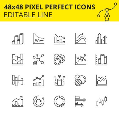 Basit grafik seti, pasta diyagramı, bar grafikleri ve grafik çizgi simgeleri. İstatistik, veri bilimi, matematik, ekonomi ve piyasa gibi birçok alanda verileri temsil etmek için yaygın olarak kullanılabilir. 48x48 Piksel mükemmel simge, düzenlenebilir felç. Vektör.