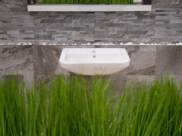 Weißer Waschtisch Waschtisch Hause Bad Toilette Innen Mit Grünem Gras — Stockfoto
